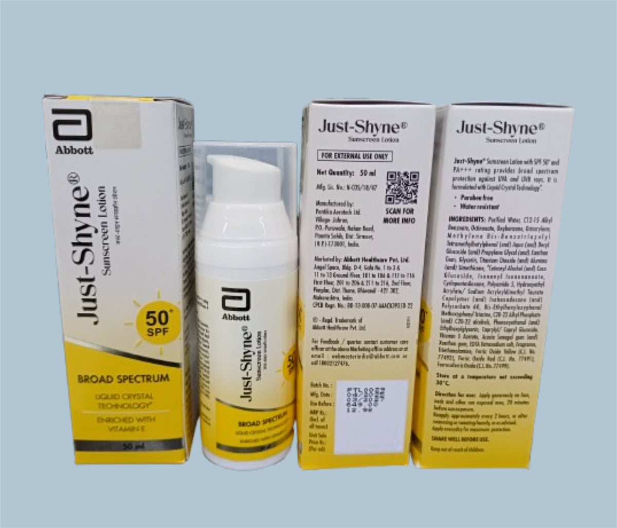 Just-Shyne Sunscreen Lotion (24x5x50ml) Vitamin E SPF 50+ Lotion by Abbott