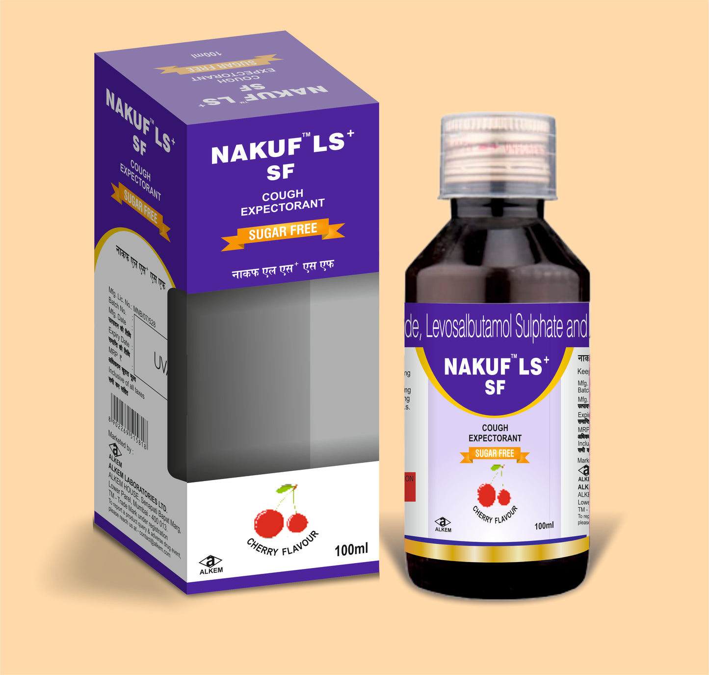 Nakuf Ls+ (100Ml) 100 mlAmbroxol Hcl 30 Mg + Levosalbutamol 1 Mg + Guaiphenesin 50 Mg /5 Ml by Alkem