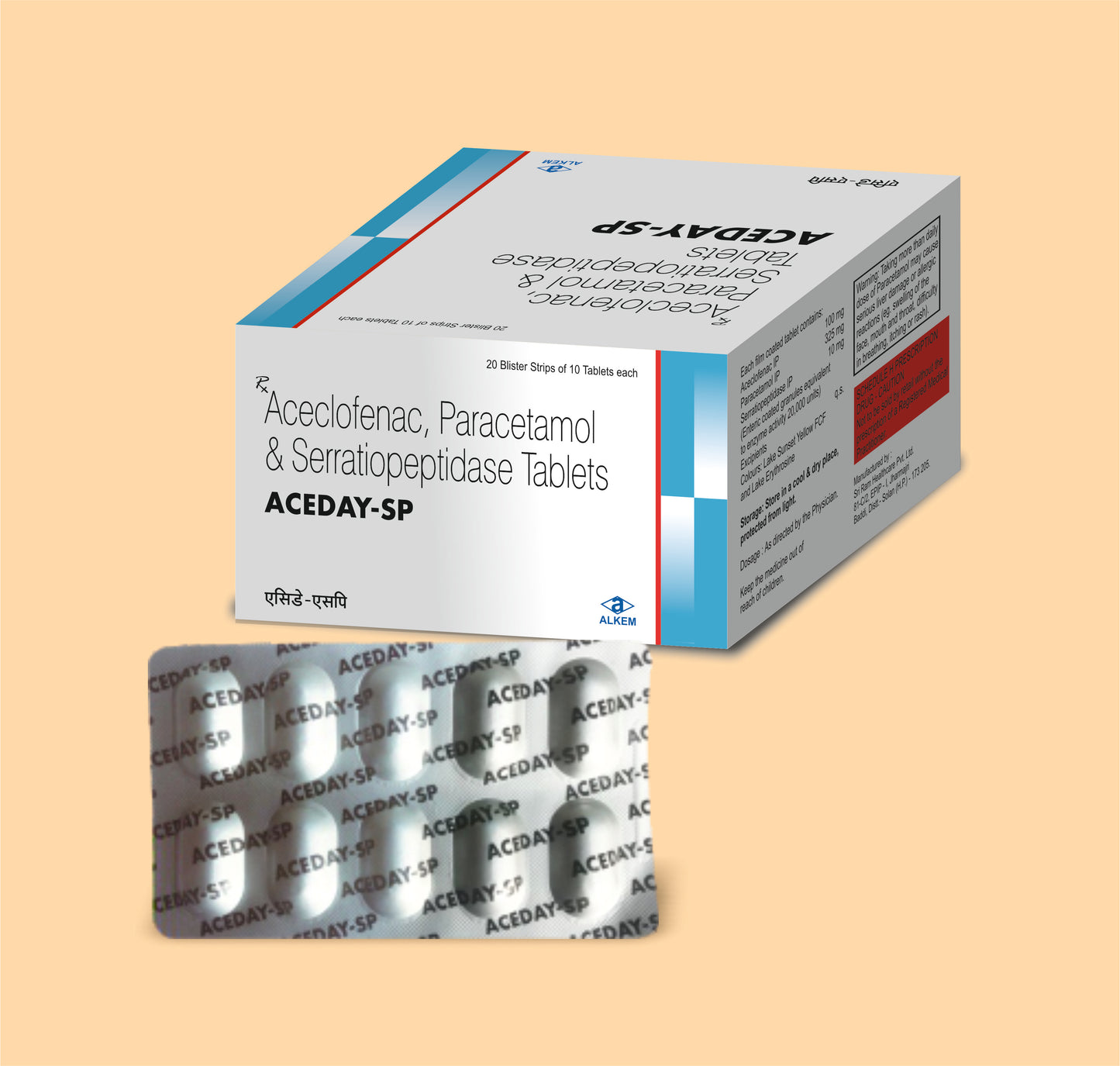 Aceday-Sp Tablets (10'S) 10'SAceclofenac 100 Mg + Paracetamol 325 Mg + Serratiopeptidase 10 Mg by Alkem