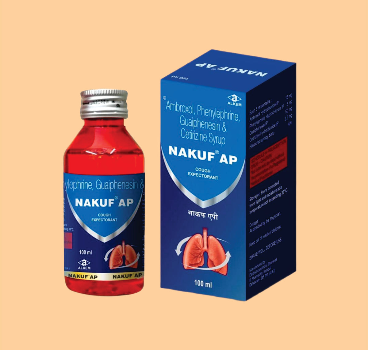 Nakuf Ap+ Syrup (100 Ml) Cetirizine Hydrochloride 2.5 Mg + Ambroxol Hydrochloride 15 Mg + Guaiphenesin 50 Mg + Phenylephrine Hydrochloride 5 Mg By Alkem
