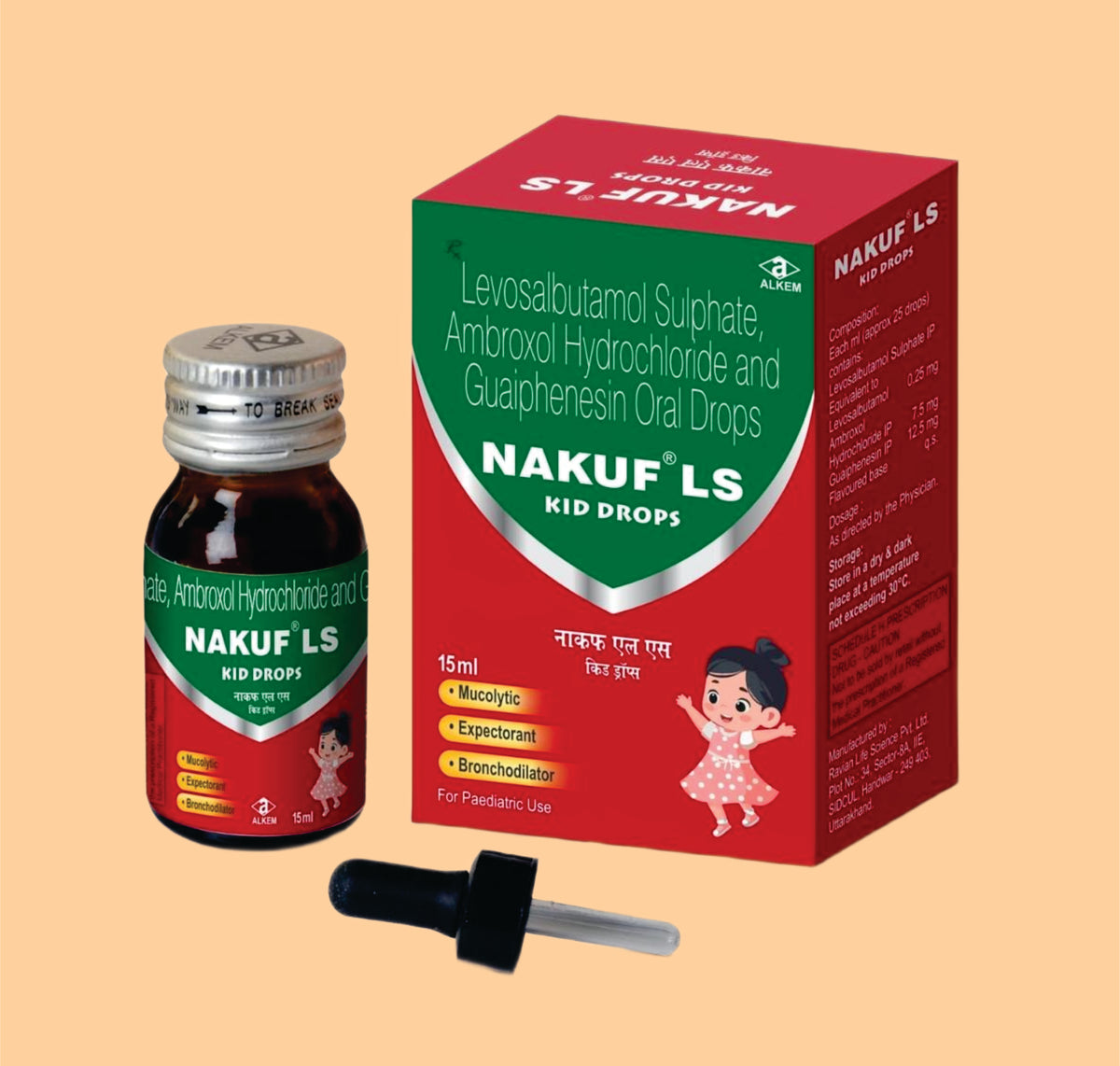 Nakuf Ls Kid Drops (15 Ml) Levosalbutamol Sulphate 0.25 Mg + Ambroxol Hydrochloride 7.5 Mg + Guaiphenesin 12.5 Mg By Alkem