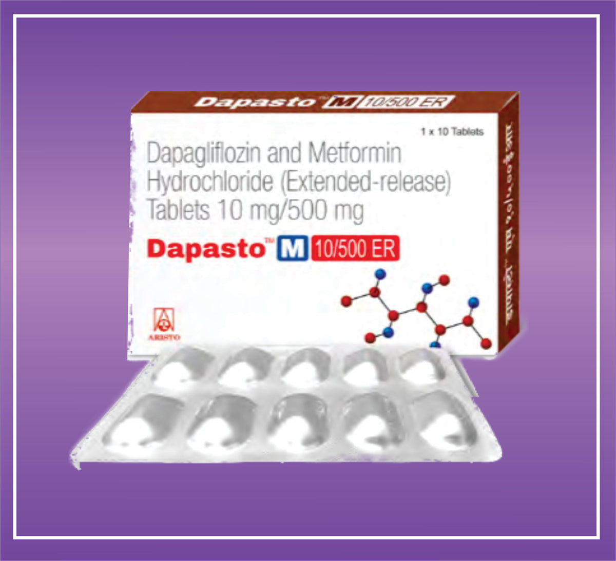 Dapasto M Tab (10x1x10) Dapagliflozin 10 mg, Metformin 500 mg ER Tab by Aristo