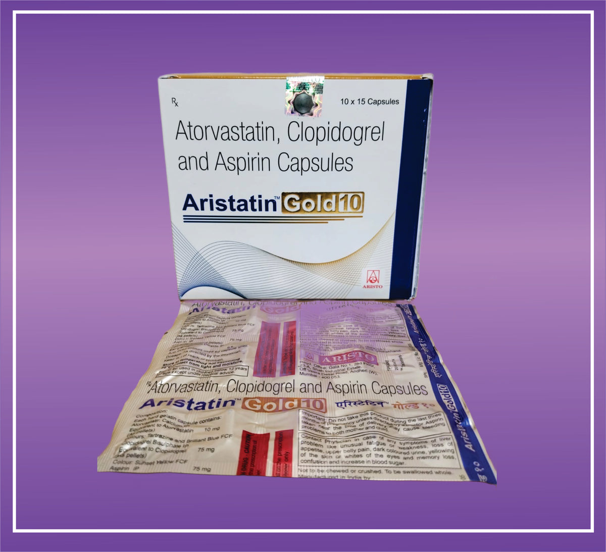 Aristatin Gold 10mg (10x15) Atorvastatin 10 mg, Clopidogrel 75 mg, Aspirin 75 mg by Aristo