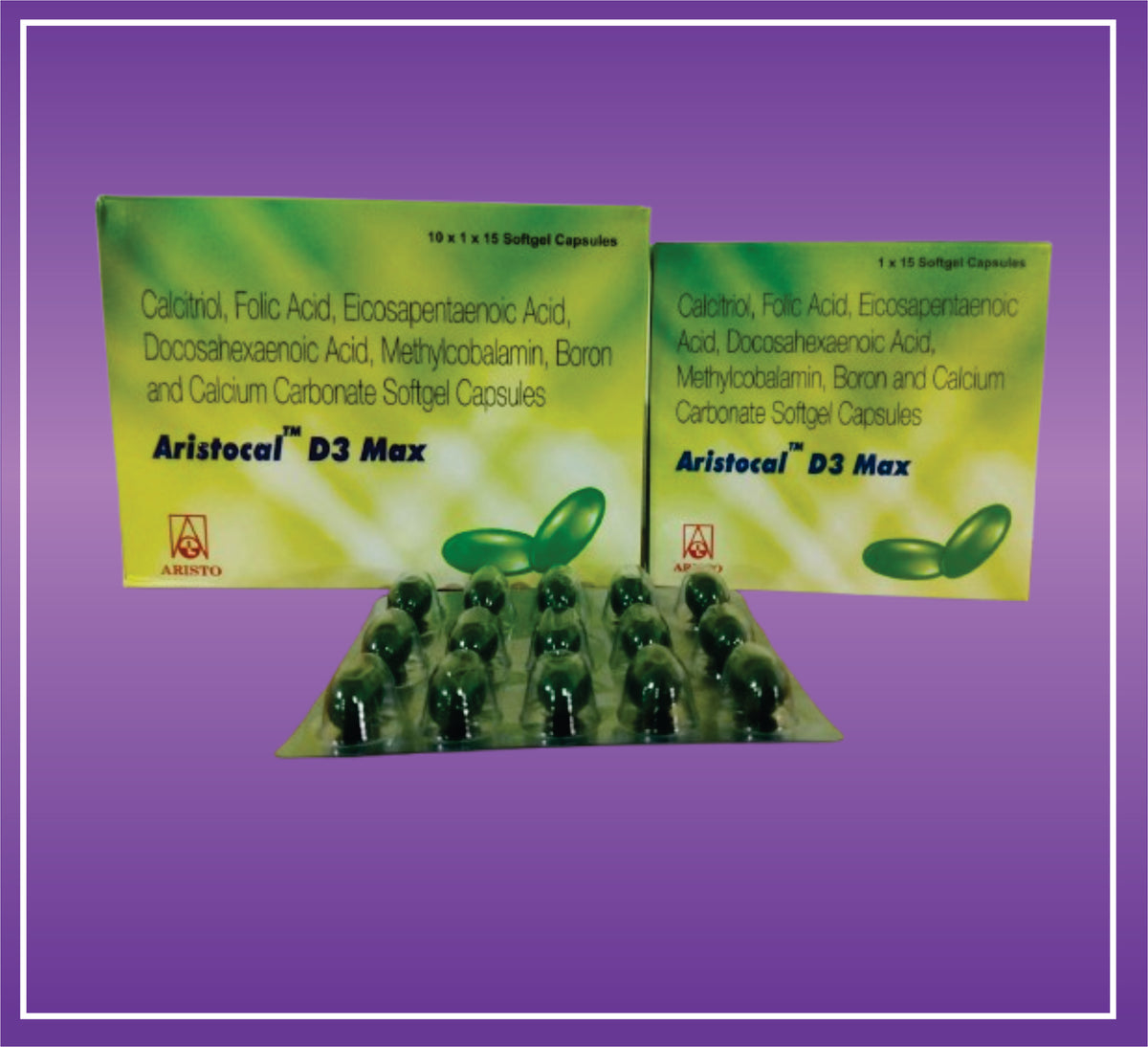 Aristocal D3 Max (10x1x15) Calcitriol (0.25mcg) + Calcium Carbonate (1250mg eq to 500mg cal) Omega-3 fatty acid (300mg) + Methylcobalamin (1500mcg) + Folic Acid (400mcg) + Boron (1.5mg) + Softgel Gelatin Capsules by Aristo