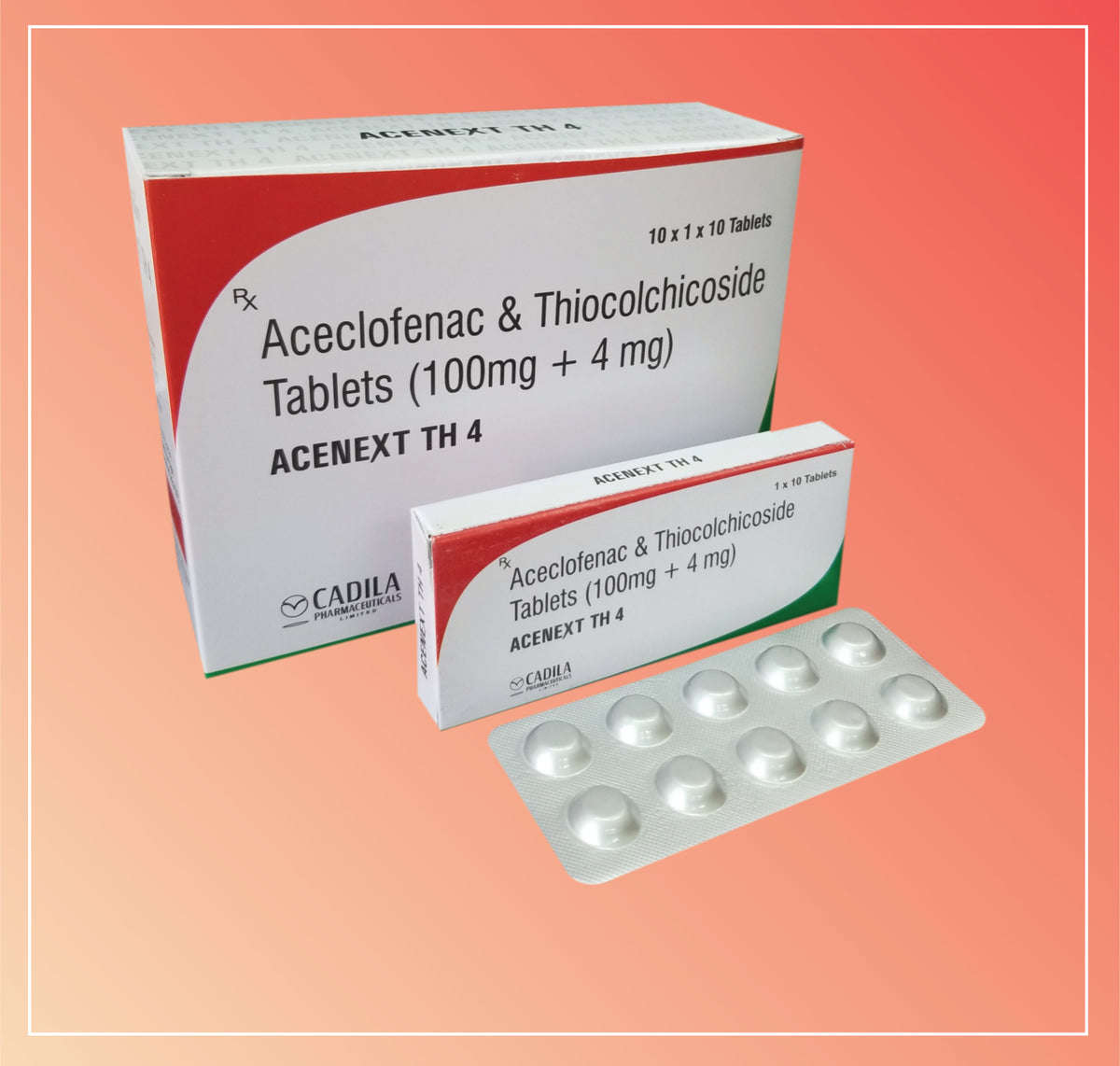 Acenext Th 4 Tab (10X1X10 T) Aceclofenac 100 Mg + Thiocolchicoside 4 Mg By Cadila
