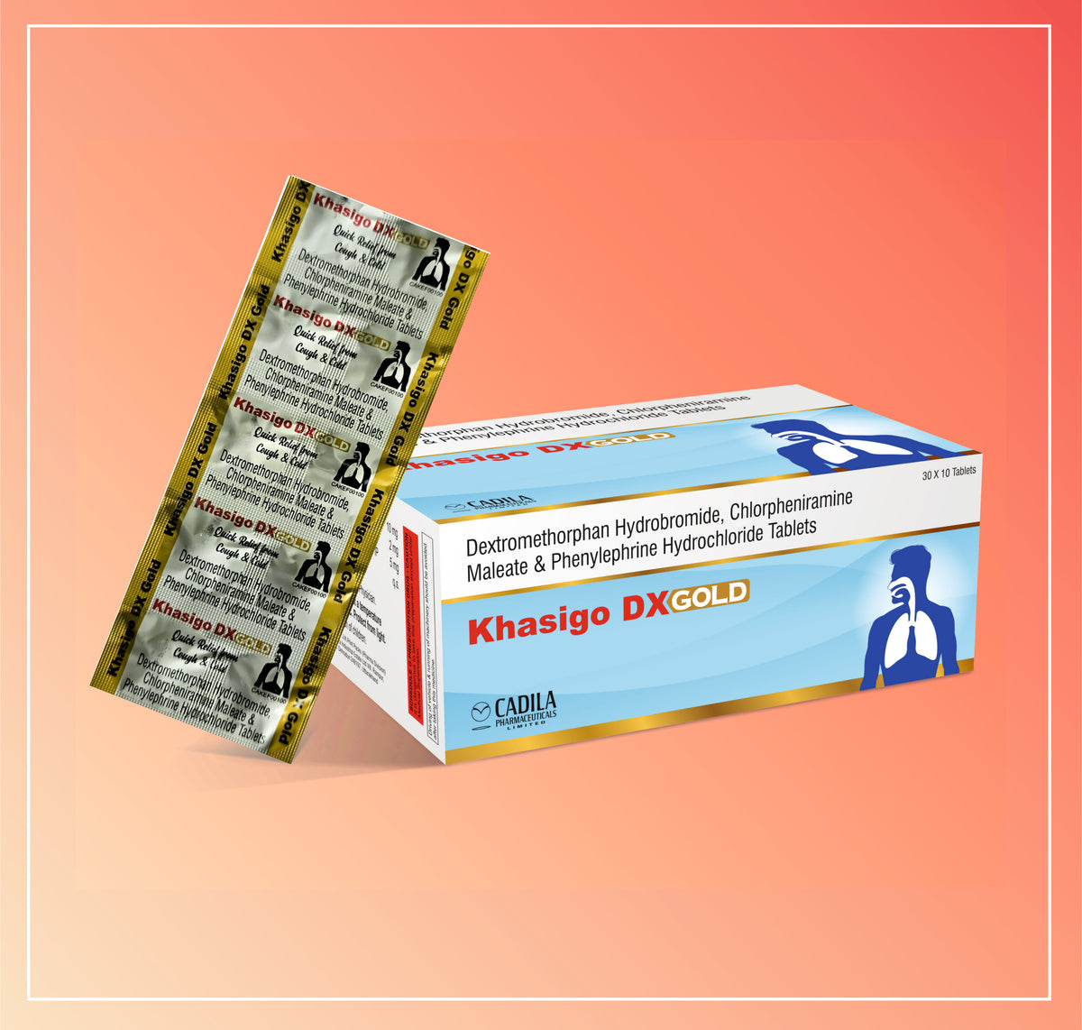 Khasigo Dx Gold Tab (30X10 T) Dextromethorphan Hydrobromide 10 Mg + Chlorpheniramine Maleate 2 Mg + Phenylephrine Hydrochloride 5 Mg By Cadila