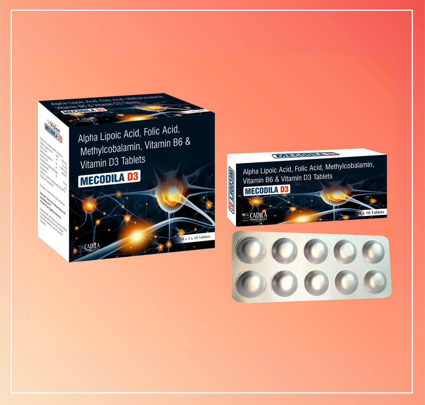 MECODILA D3 TAB 10X10 T (Alpha Lipoic Acid, Folic Acid, Methylcobalamin, Vit B6 and Vit D3 Tab)