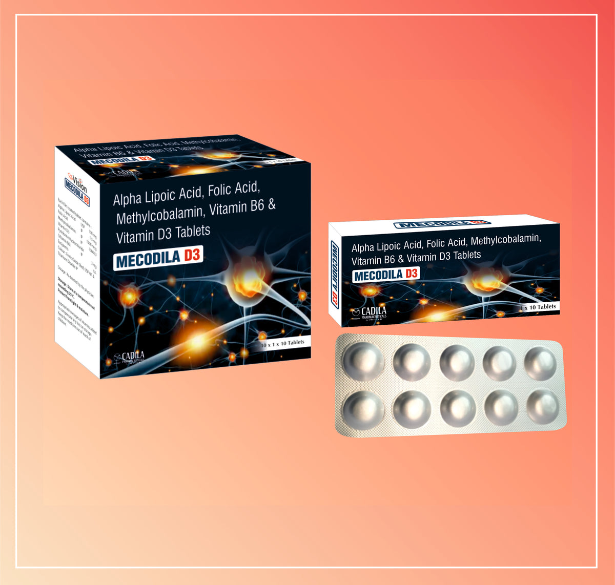 Mecodila D3 Tab (10X10 T) Alpha Lipoic Acid, Folic Acid, Methylcobalamin, Vit B6 And Vit D3 Tab By Cadila