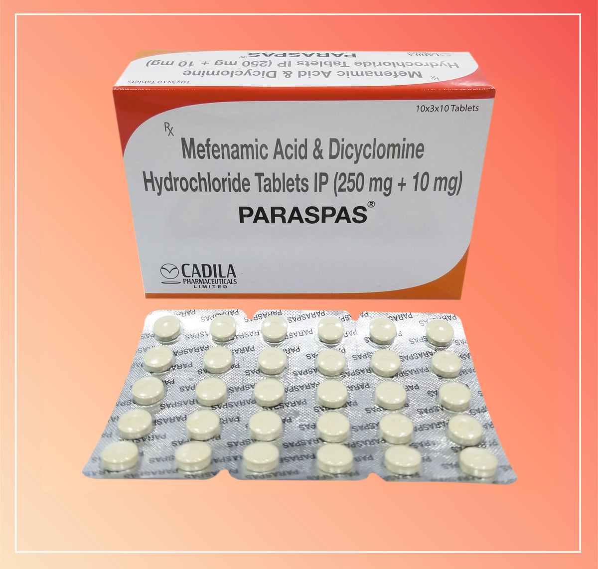Paraspas (30 X 10T) Dicyclomine 10 Mg + Mefenamic Acid 250 Mg By Cadila