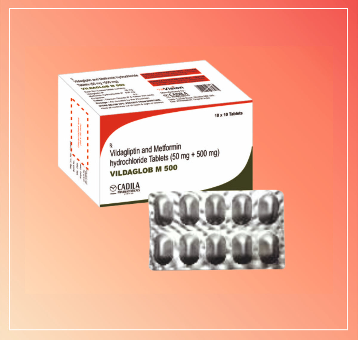 Vildaglob M 500 Tab (10X10T) Vildagliptin 50 Mg + Metformin Hydrochloride 500 Mg By Cadila
