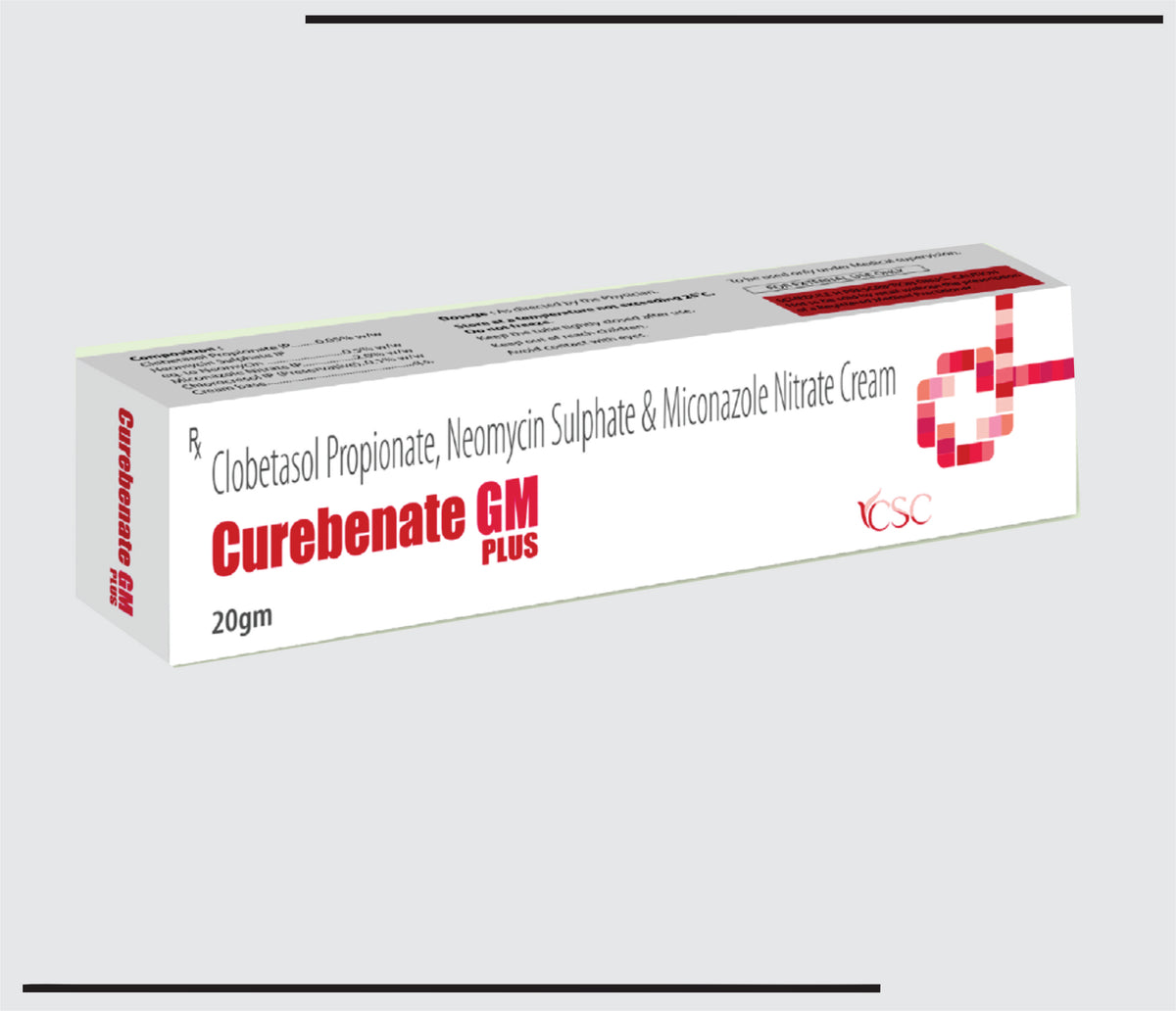 Curebenate Gm Plus Cream (20g) Clobetasol Propionate -0.05%w/w + Miconazole Nitrate -2.0%w/w + Neomycin Sulphate-0.1w/w Cream by Csc