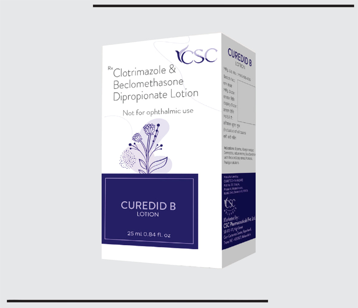 Curedid-B Lotion (25ml) Beclomethasone Dipropionate-0.025% + Clotrimazole - 1% in lotion base by Csc