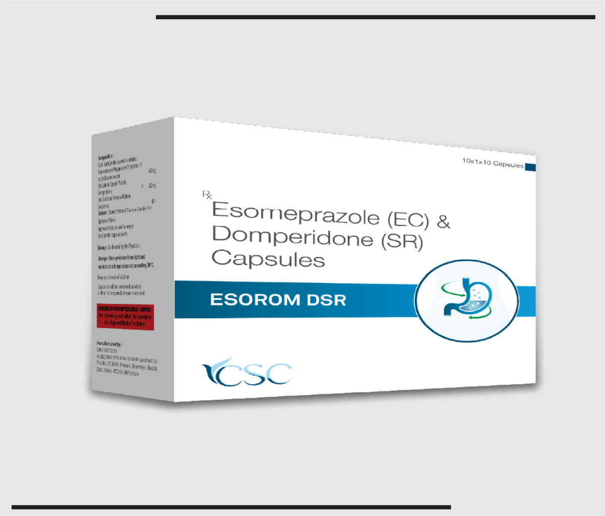 Esorom DSR (10x1x10) Esomeprazole 40mg (Enteric Coated) + Domperidone 30 mg (Sustained Release) by Csc