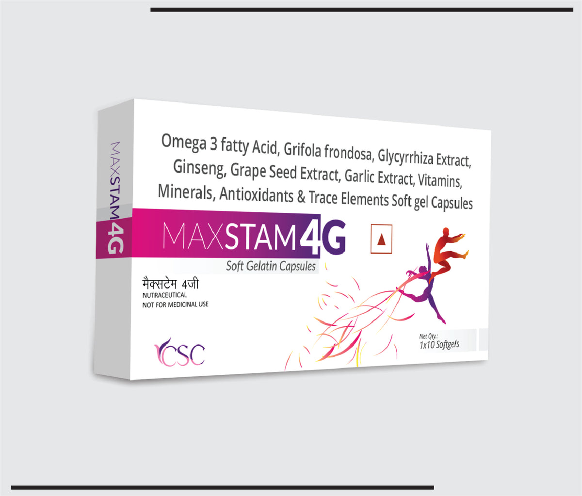 Maxstam-4G (10x1x10) Omega 3 fatty Acid, Grifola Frondosa, Glycyrrhiza Extract, Ginseng, Grape Seed Extract, Garlic Extract, Vitamins, Minerals, Antioxidants & Trace Elements Soft gel Capsules by Csc