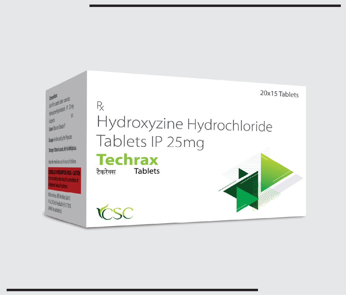 Techrax (20x15) Hydroxyzine Hydrochloride Tablets I.P. 25 mg by Csc
