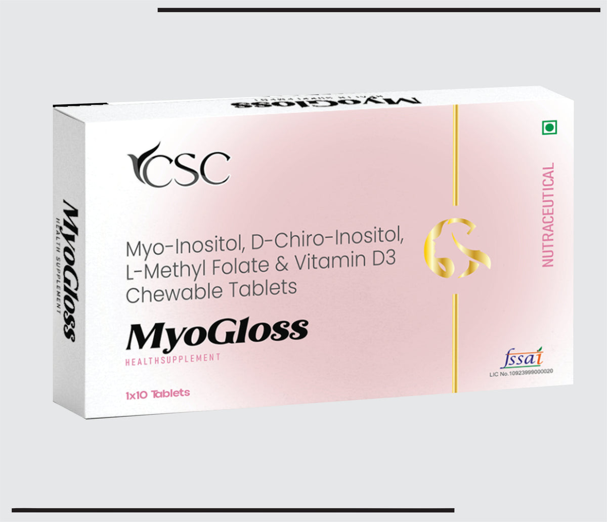 MyoGloss (10x1x10) Myo-Inositol, D-Chiro-Inositol, L-Methyl Folate & Viatmin D3 Chewable Tablets by Csc