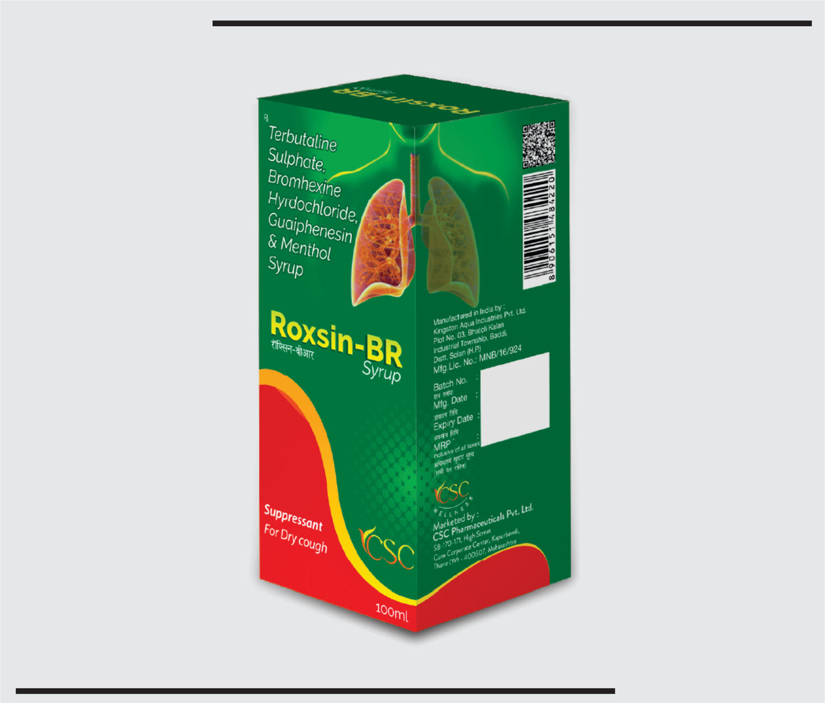 Roxsin BR (100ml) Terbutaline Sulphate 1.25mg + Bromhexine Hydrochloride 4mg + Guaiphenesin 50mg + Menthol 2.5mg by Csc