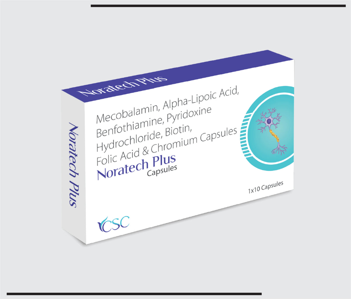 Noratech Plus (10x1x10) mecobalamin- 1500mcg+vitamin b6 (pyridoxine)- 3mg+folic acid 1.5mg+alpha lipoic acid- 100mg+benfotiamine-50mg+biotin-5mg+chromium picolnate-200mcg caps by Csc