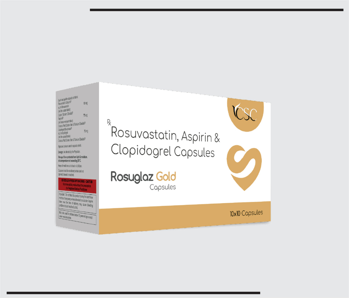 Rosuglaz Gold (10X10) Rosuvastatin 10 mg + clopidogrel 75 mg + Aspirin 75 mg by Csc