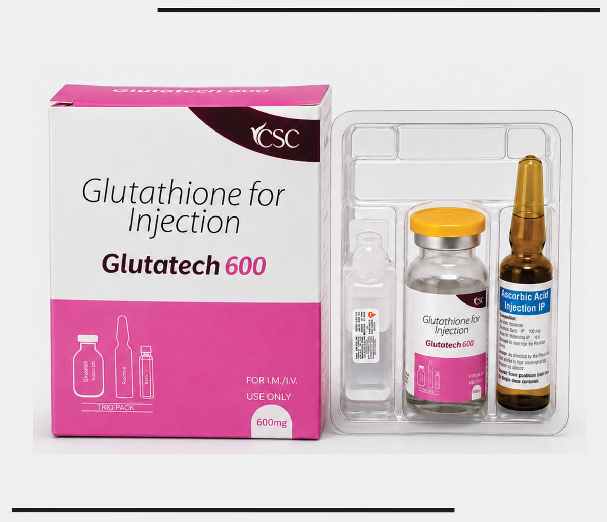 Glutatech -600 Trio Pack (Vial) (A) Glutathione For Injection 600mg- Glutathione IP 600mg (B) Vitamin C For Injection IP 5ml - Vitamin C IP 100mg by Csc