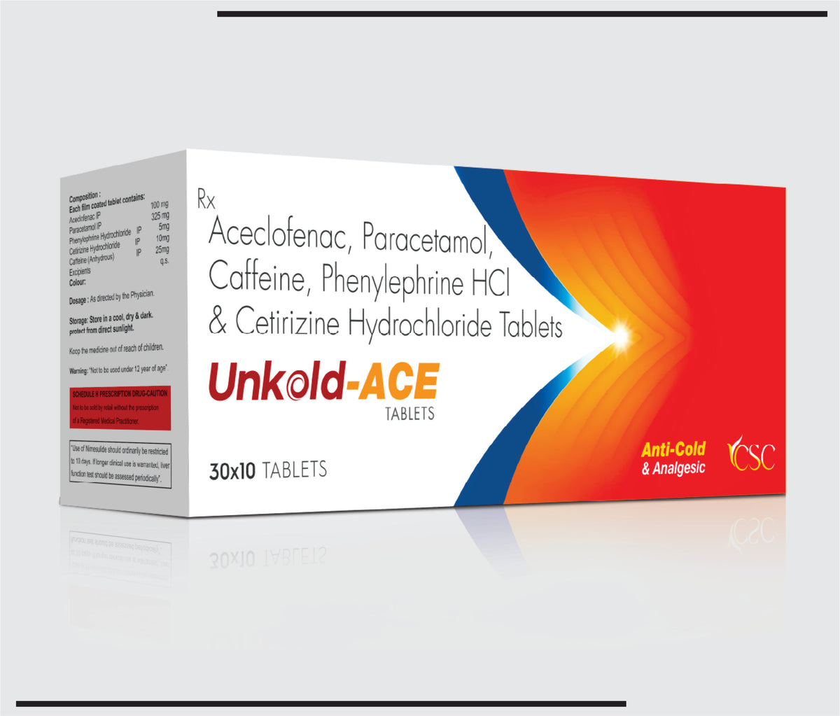 Unkold Ace (30x10) Aceclofenac 100mg + Paracetamol 325mg +Phenylepherine Hydrochloride 5 mg +Cetirizine Hydrochloride 10mg+Caffeine 25 mg by Csc