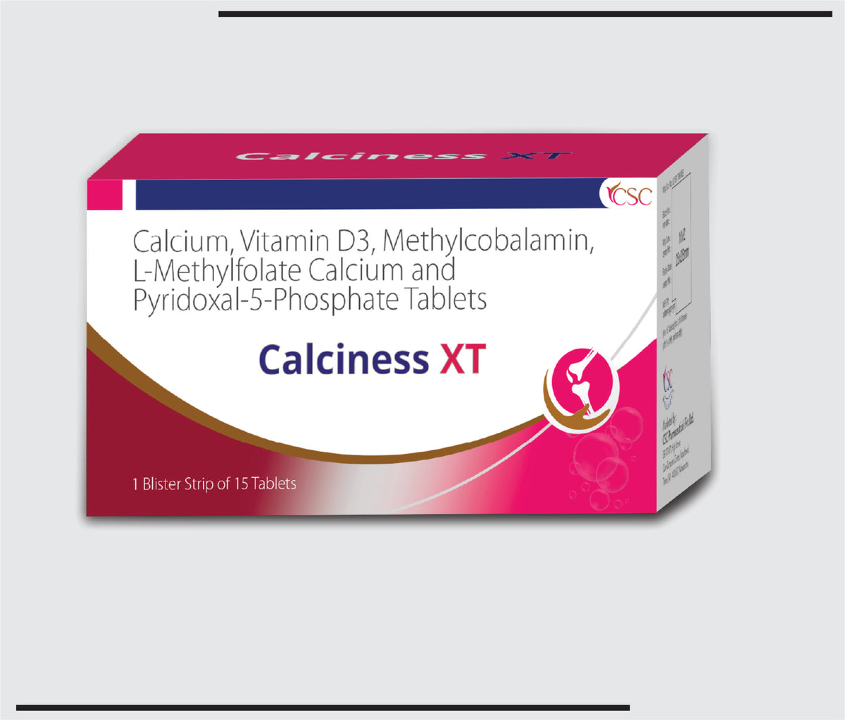 Calciness XT (10x1x15) Calcium Carbonate IP 1250 mg eq. to Elemental Calcium 500mg + Cholecalciferol IP 2000IU +Mecobalamin IP 1500mcg+L-Methylfolate Calcium 1mg+Pyridoxal-5-Phosphate 20 mg by Csc