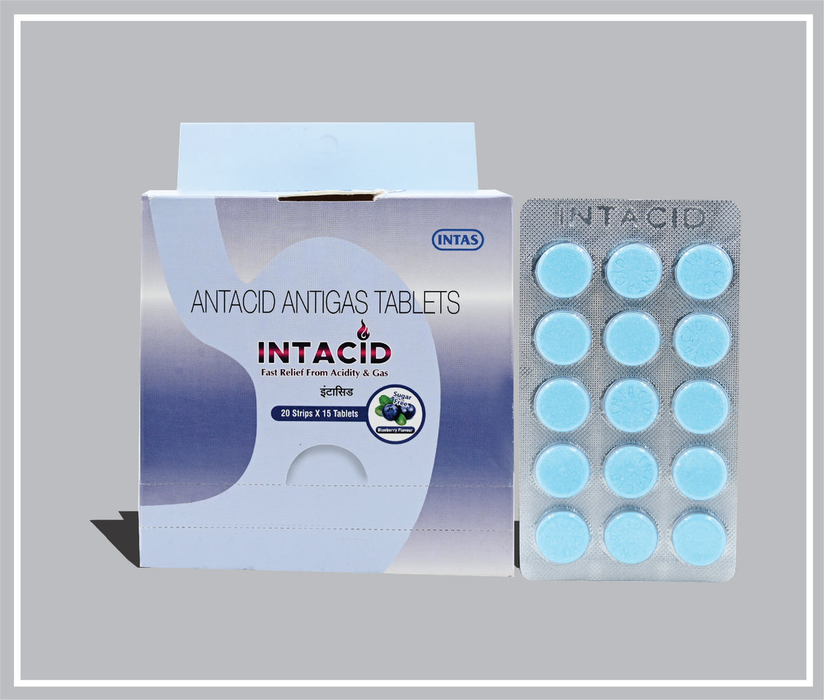 Intacid Tablets (Blueberry) (15T) (Dried Aluminium Hydroxide 300 Mg, Magnesium Aluminium Silicate Hydrate 50 Mg, Magnesium Hydroxide 25 Mg, Simethicone 25 Mg Chewable Tab) By Intas
