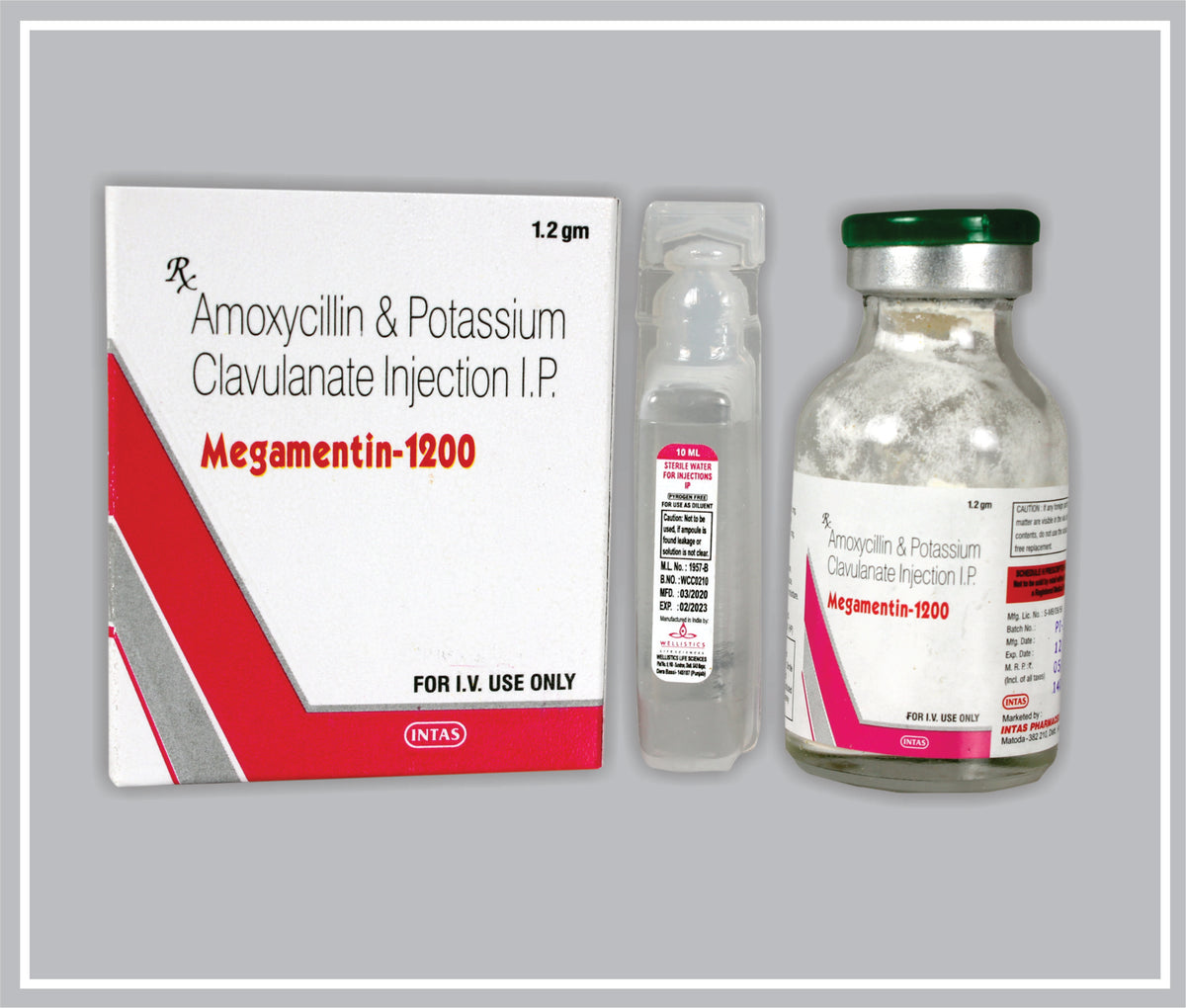 Megamentin-1200 Inj (Amoxycillin 1Gm + Potassium Clavulanate 200Mg + Wfi ) By Intas