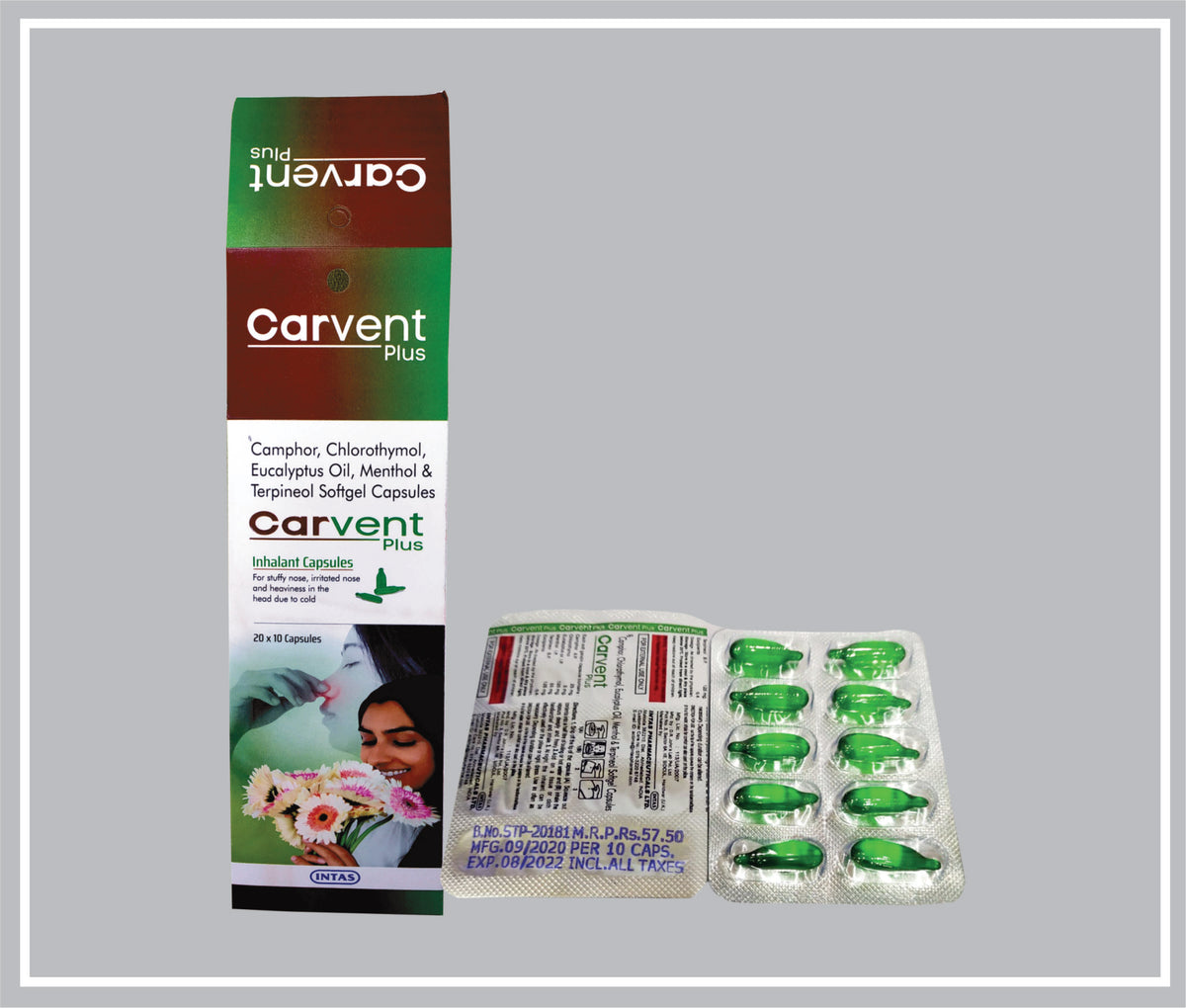Carvent Plus 10 Cap (Camphor 25Mg + Chlorothymol 5Mg + Eucalyptus Oil 125Mg + Menthol 55Mg + Terpineol 125Mg) By Intas