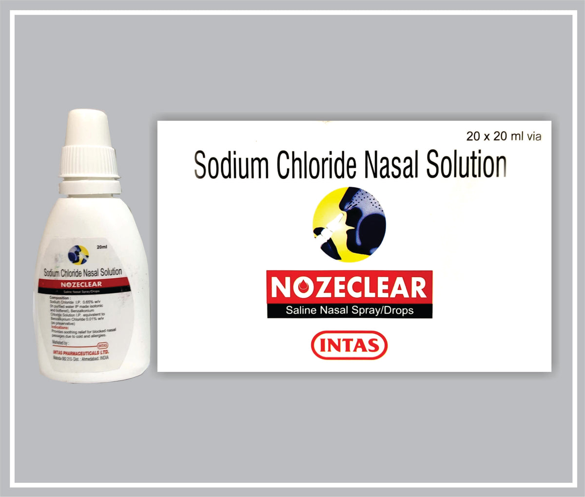 Nozeclear 20 Ml (Sodium Chloride Ip 0.65%W/V + Benzalkonium Chloride .001% W/V + Phenyl Mercuric Acetate .002%W/V) By Intas