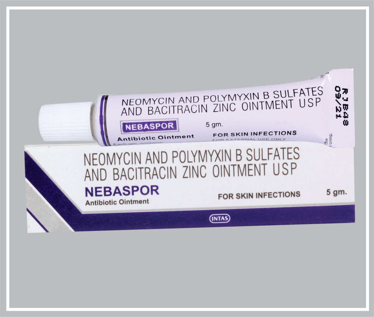 Nebaspor 5 Gm Ointment (Neomycin Sulfate 3400 Iu, Polymyxin B Sulfate 5000 Iu, Bacitracin Zinc 400 Iu Ointment) By Intas
