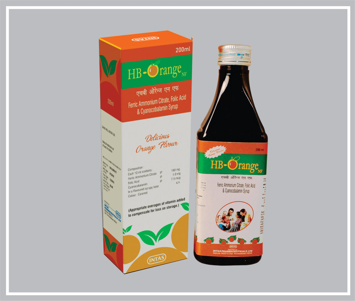 Hb Orange Nf 200 Ml (Elemental Iron 32 Mg, Folic Acid 1 Mg, Cyanocobalamin Per 15 Ml Syr) By Intas