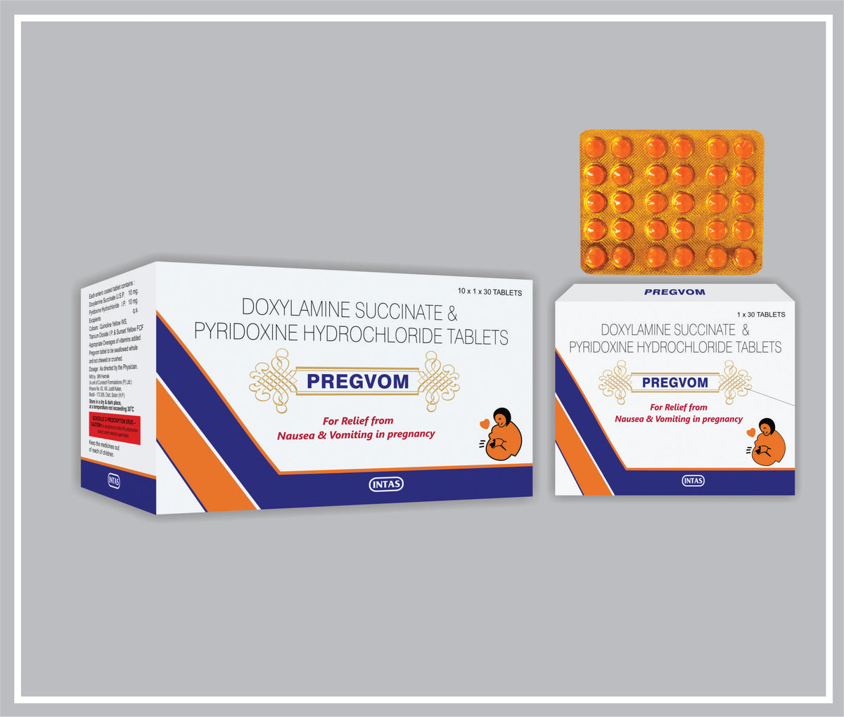 Pregvom 30 Tab (Doxylamine Succinate 10 Mg, Pyridoxine 10 Mg Tab) By Intas