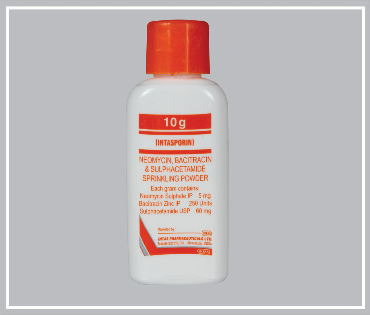 Intasporin Powder 10 Gm (Neomycin Sulphate 5Mg + Bacitracin 250Units + Sulphacetamide 60Mg Sprinkling Powder ) By Intas