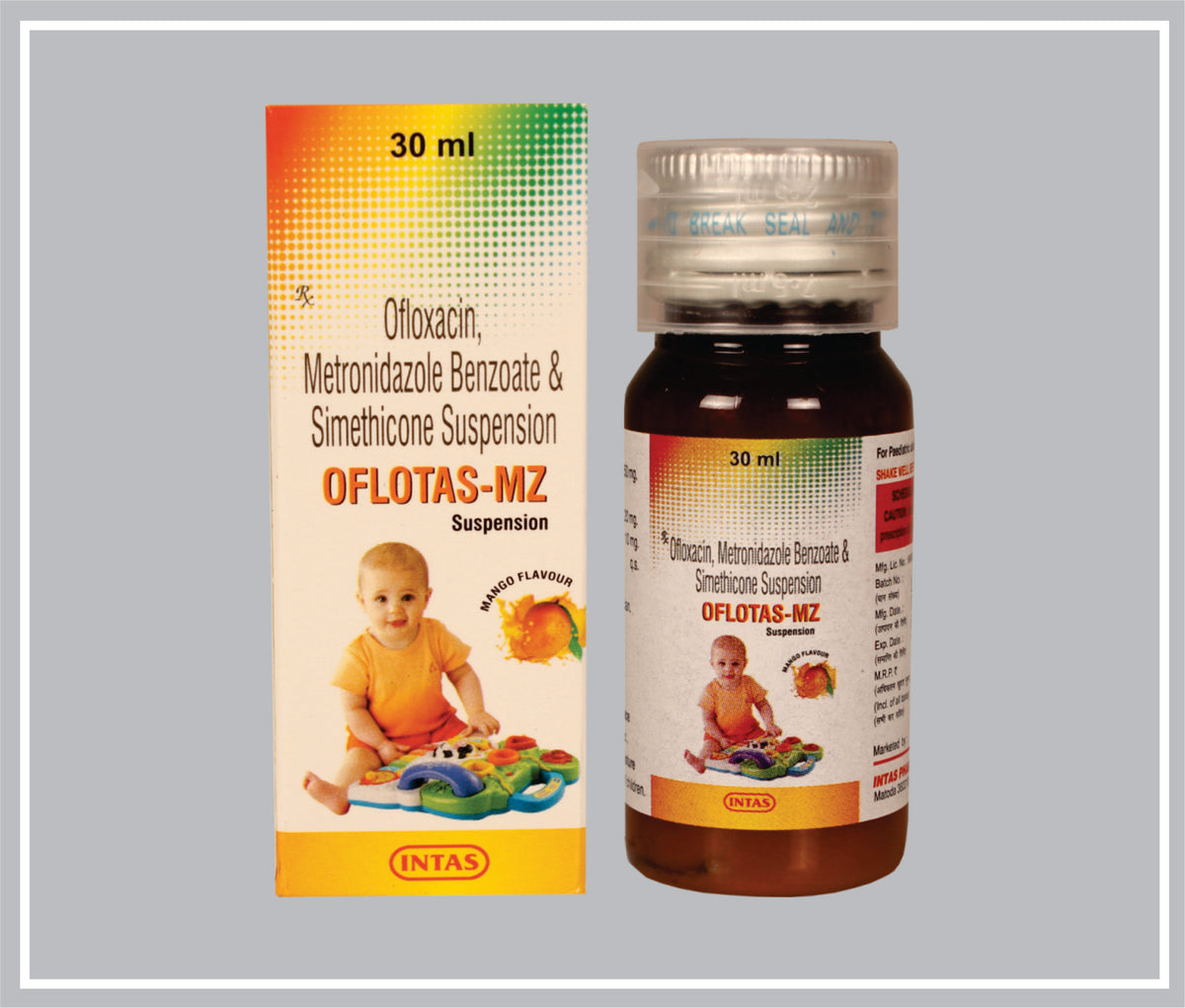 Oflotas-Mz Suspension 30 Ml (Ofloxacin 50 Mg/5 Ml, Metronidazole 120 Mg/5 Ml, Simethicone 10 Mg/5 Ml Susp) By Intas
