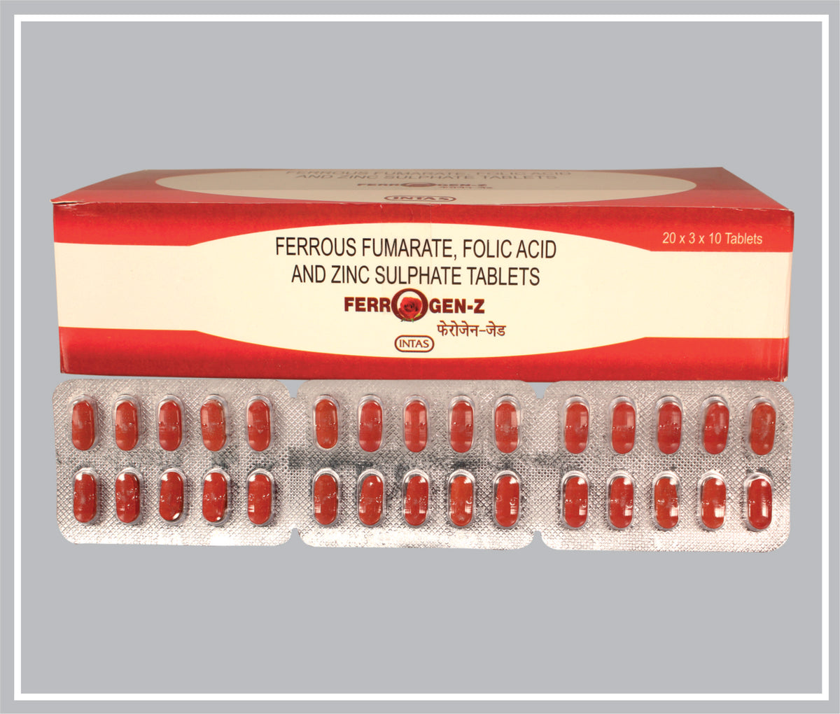 Ferrogen-Z 10 Tab (Ferrous Fumarate 152Mg + Folic Acid 750Mcg + Zinc Sulphate Monohydrate 61.8Mg (Eq To Elemental Zinc 22.5Mg)) By Intas