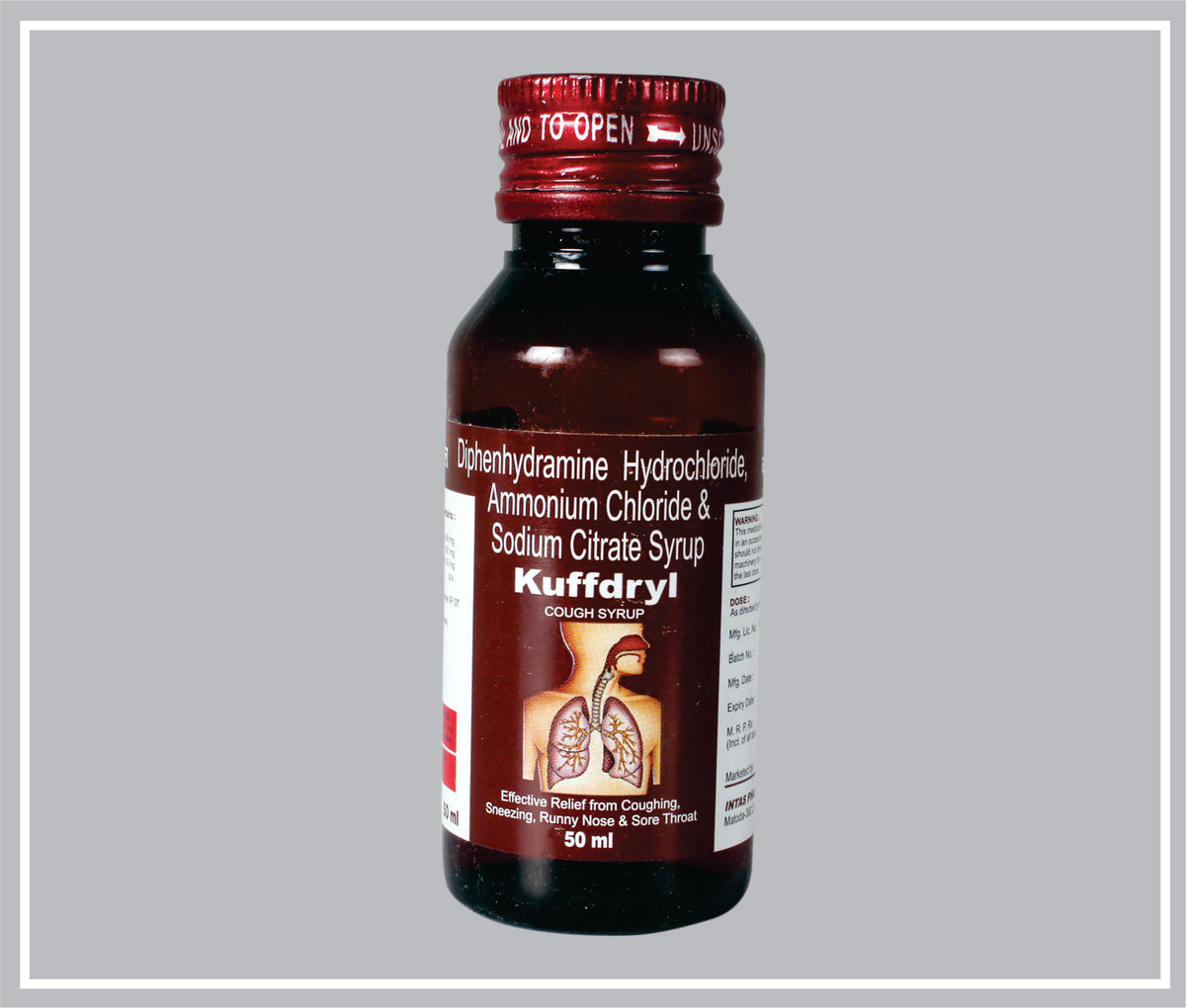 Kuffdryl 50Ml (Diphenhydramine 14.08 Mg, Ammonium Chloride 138 Mg, Sodium Citrate 57.03 Mg/5 Ml Syr) By Intas