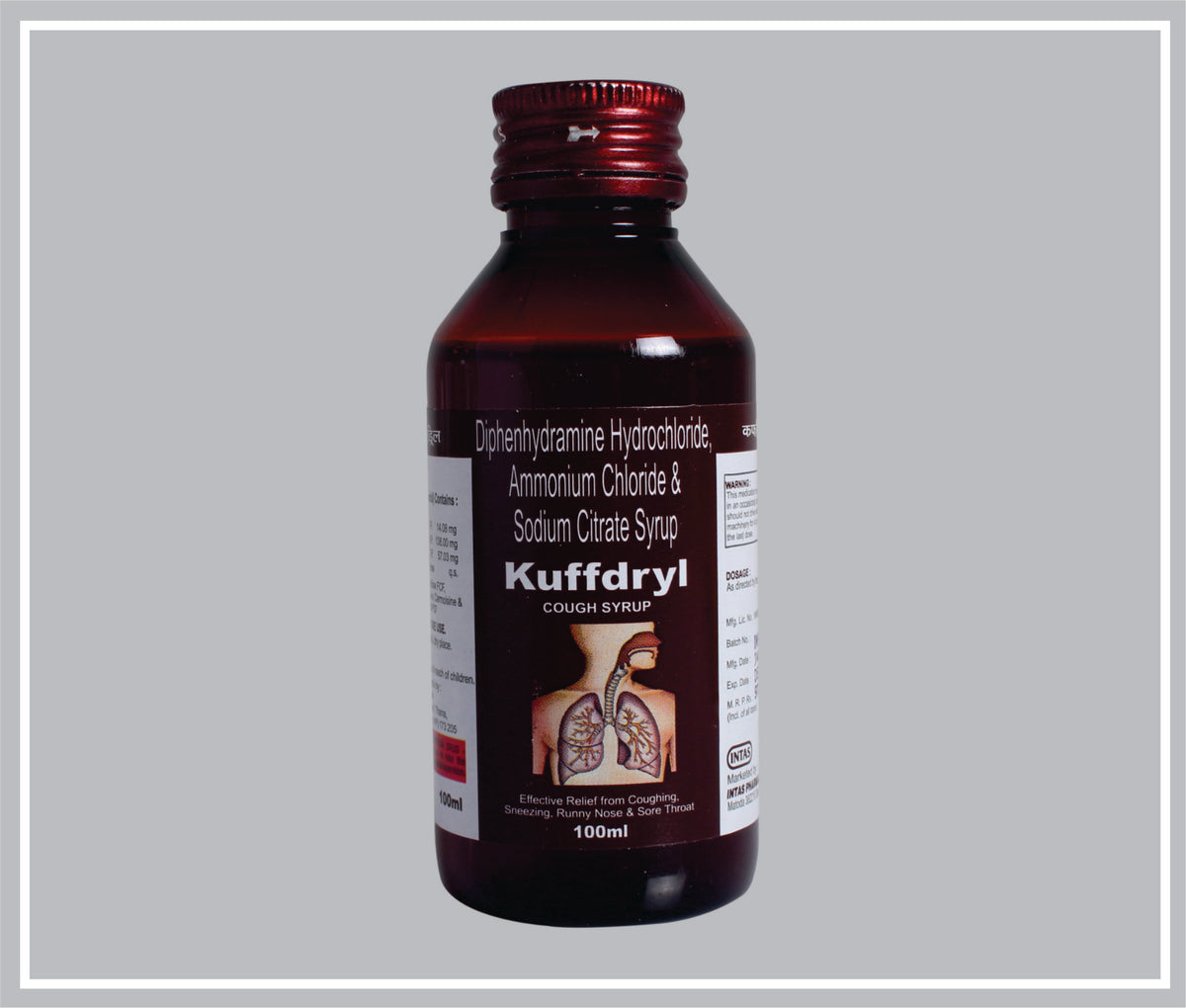Kuffdryl 100Ml (Diphenhydramine Hydrochloride 14.08 Mg, Ammonium Chloride 138 Mg, Sodium Citrate 57.03 Mg/5 Ml Syr) By Intas