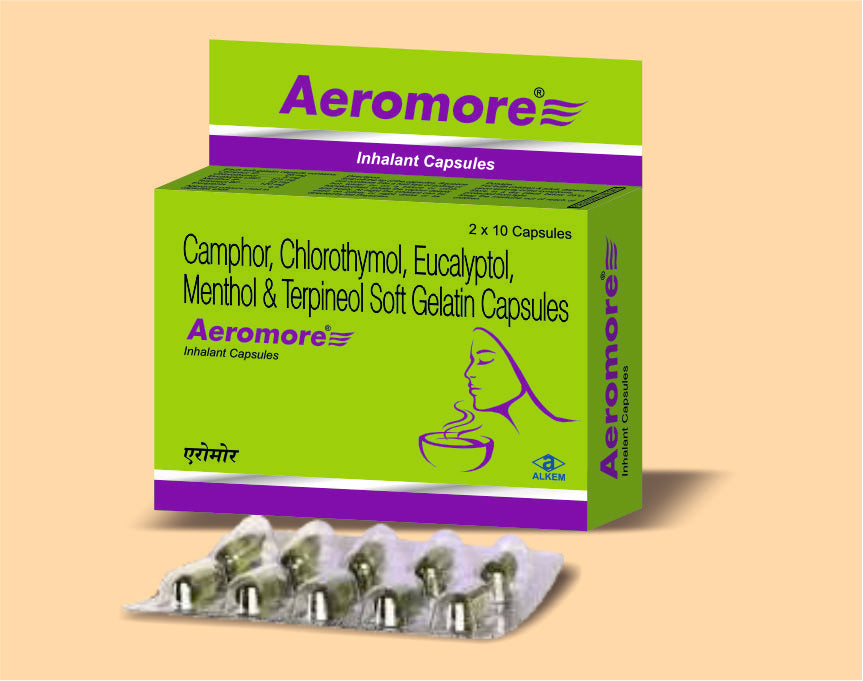 AEROMORE INHALANT CAPSULES (10'S) (10's) Camphor 25 Mg + Chlorothymol 5 Mg + Eucalyptol 125 Mg + Menthol 55 Mg + Terpineol 120 Mg by Alkem1