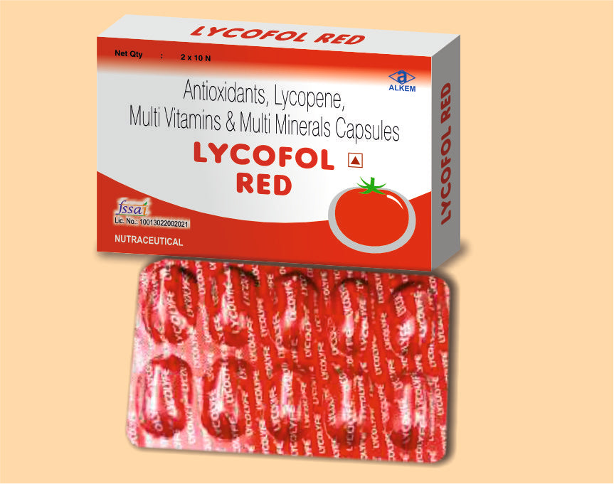 LYCOFOL RED CAPSULES (10'S) (10's) Multivitamin & Multimineral With Lycopene, Beta-Carotene, Lutein Ester, L-Lysine by Alkem1