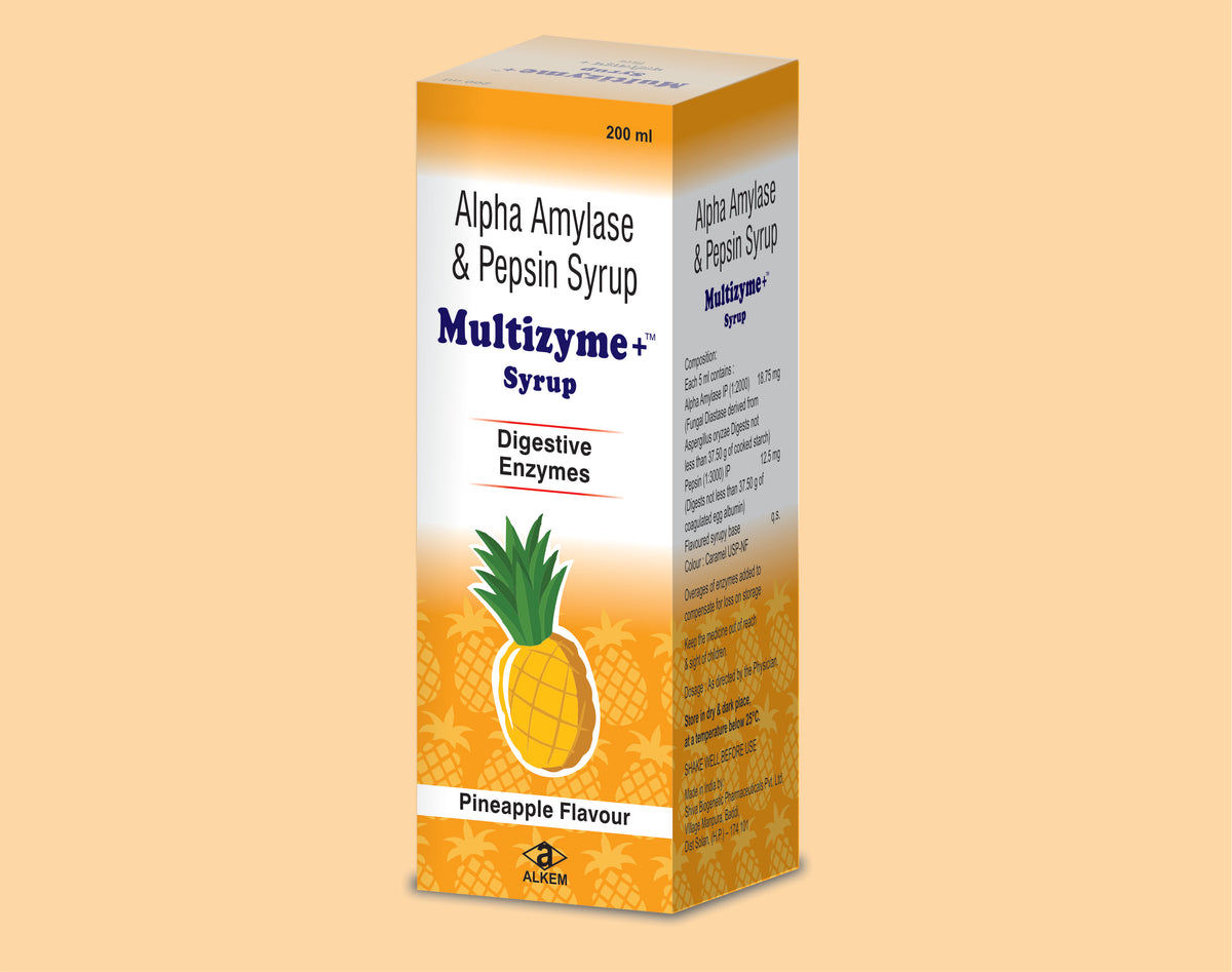 MULTIZYME,SYRUP(200ML)PINEAPPLEFLAVOUR (200 ml) Pepsin 12.5 Mg + Fungal Diastase 18.75 Mg by Alkem1