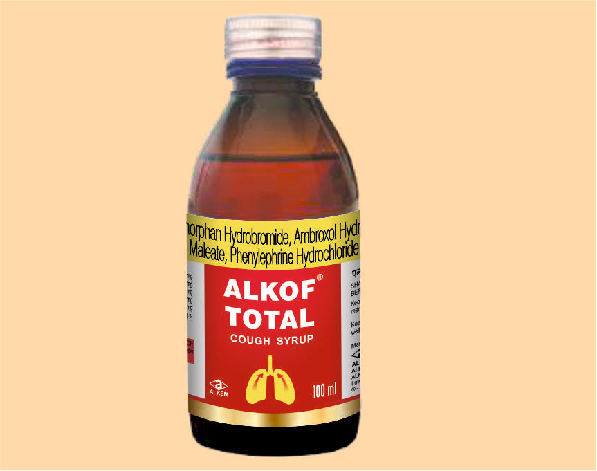 ALKOF TOTAL COUGH SYRUP (100ML) (100 ml) Dextromethorphan Hydrobromide 10 Mg + Ambroxol Hcl 15 Mg + Chlorpheniramine Maleate 2 Mg + Phenylephrine 5 Mg + Menthol 1.5 Mg by Alkem1