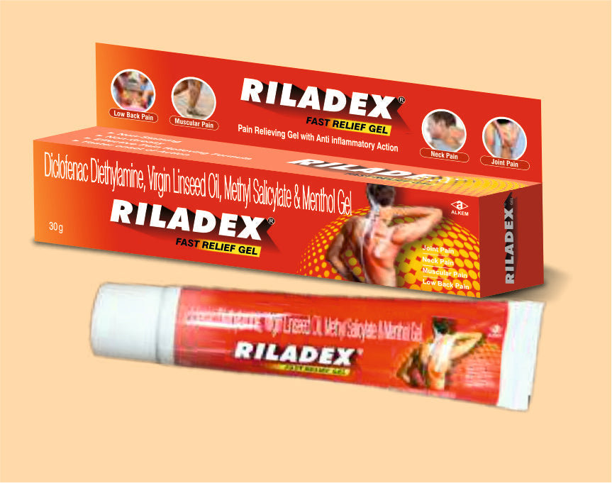 RILADEX FAST RELIEF GEL (30G) (30 gm) Diclofenac Sodium 2% W/W + Linseed Oil 3% W/W + Menthol 5% W/W + Methyl Salicylate 10% W/W by Alkem1