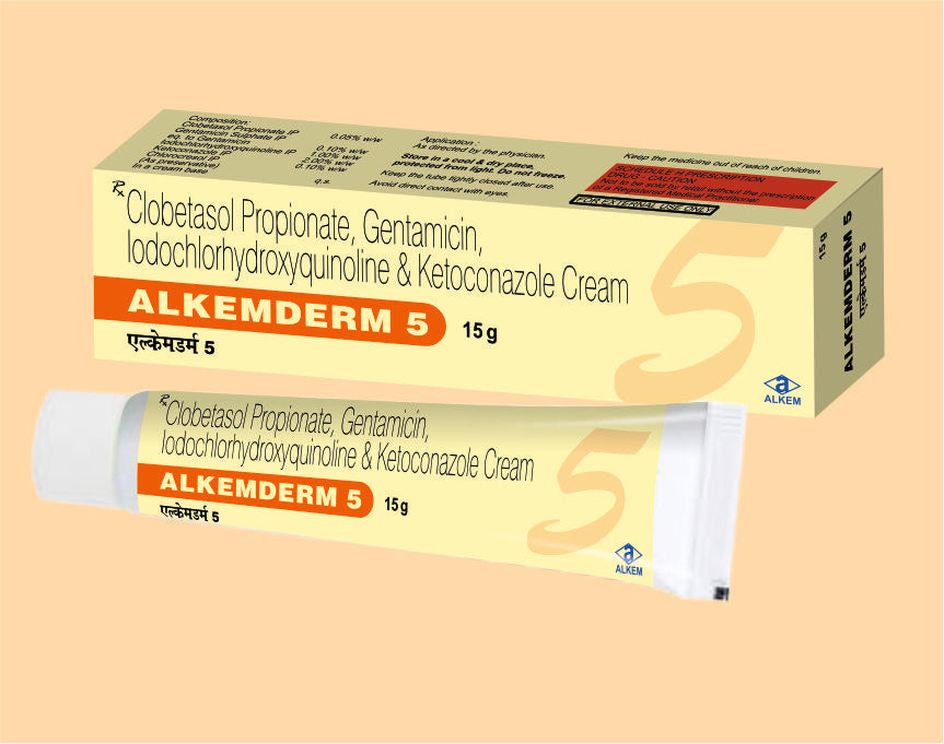 ALKEMDERM 5 CREAM ( 15 G ) (15 gm) Clobetasol 0.05% + Gentamicin 0.1% + Iodochlorhydroxyquinoline 1% + Ketoconazole 2% + Chlorocresol 0.1% by Alkem1