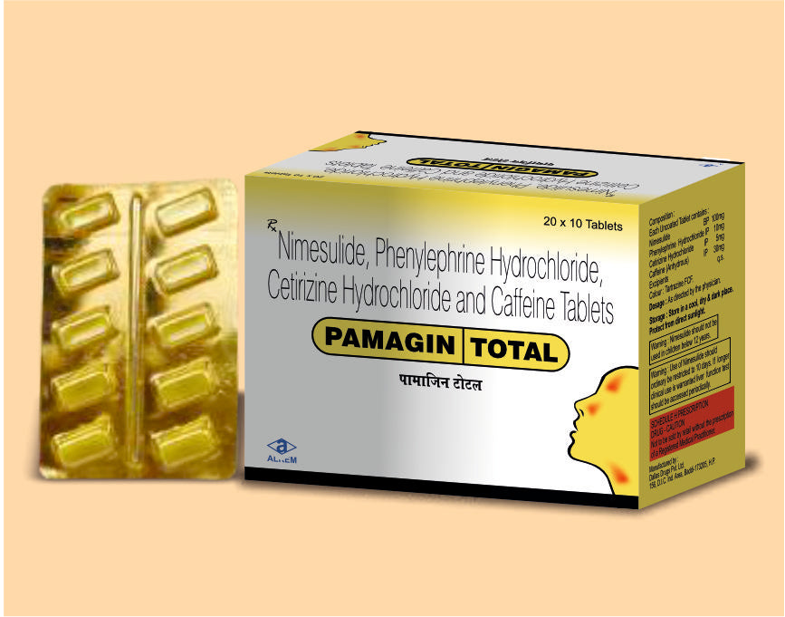 Pamagin Total Tablets (10'S) (10'S) Nimesulide 100 Mg + Phenylephrine Hydrochloride 10 Mg + Cetirizine Hydrochloride 5 Mg + Caffeine 30 Mg By Alkem1