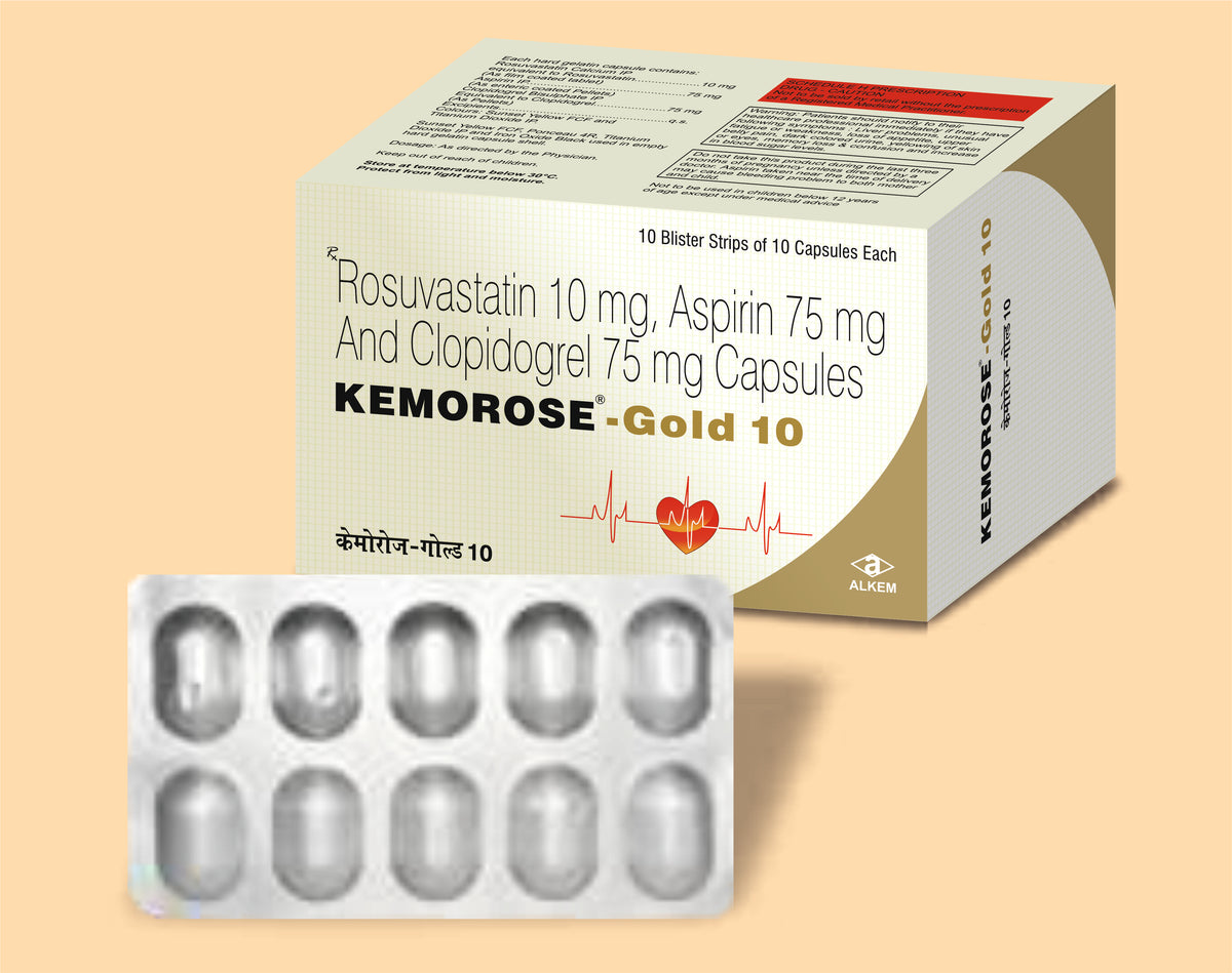 KEMOROSE GOLD 10 CAPSULES (10'S) (10's) Rosuvastatin 10 Mg + Aspirin 75 Mg + Clopidogrel 75 Mg by Alkem1