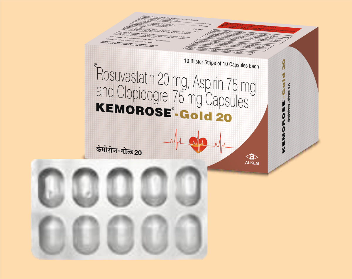 Kemorose Gold 20 Capsule (10'S) (10'S) Rosuvastatin 20 Mg, Aspirin 75 Mg, Clopidogrel 75 Mg Cap By Alkem1