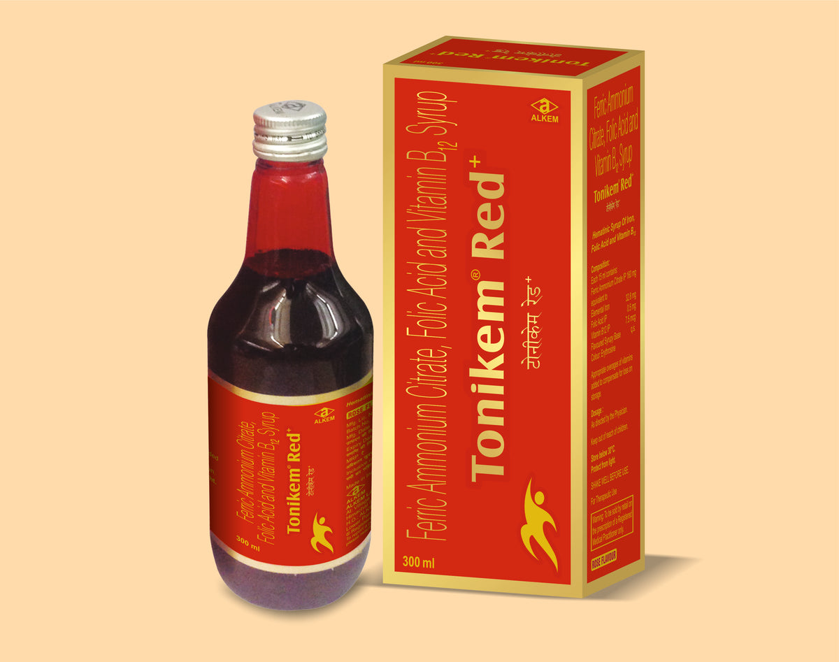 TONIKEM RED SYRUP (300ML) (300 ml) Ferric Ammonium Citrate 160 Mg + Folic Acid 0.5 Mg + Vitamin B12 7.5 Mcg by Alkem1