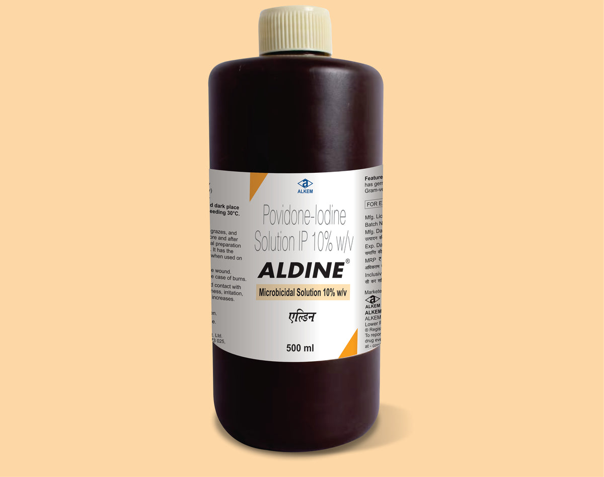 ALDINE MICROBICIDAL SOLUTION 10%(500ML) (500 ml) Povidone Iodine 10% W/V by Alkem1
