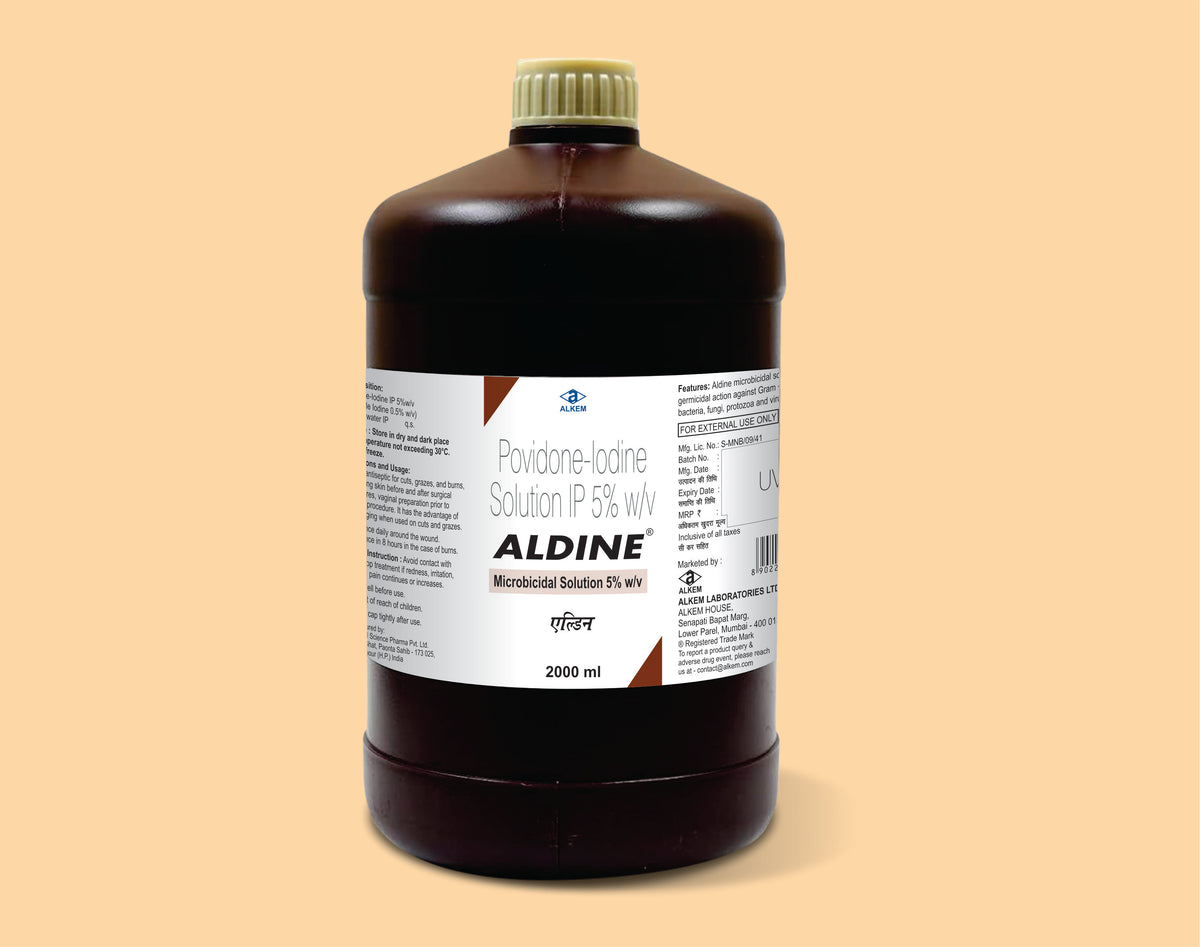 ALDINE MICROBICIDAL SOLUTION 2000 ML (2000 ml) Povidone Iodine 5% W/V by Alkem1